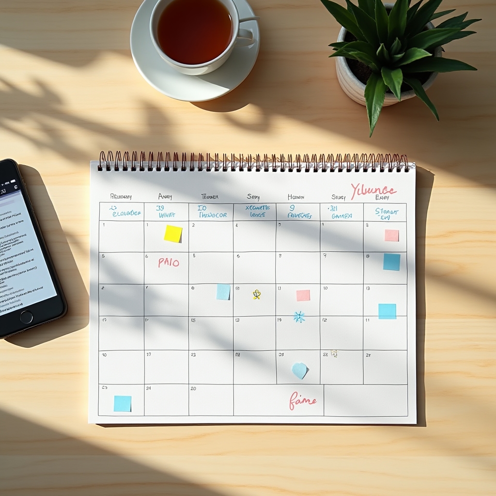 Calendar de planificare a postărilor așezat pe un birou de birou modern