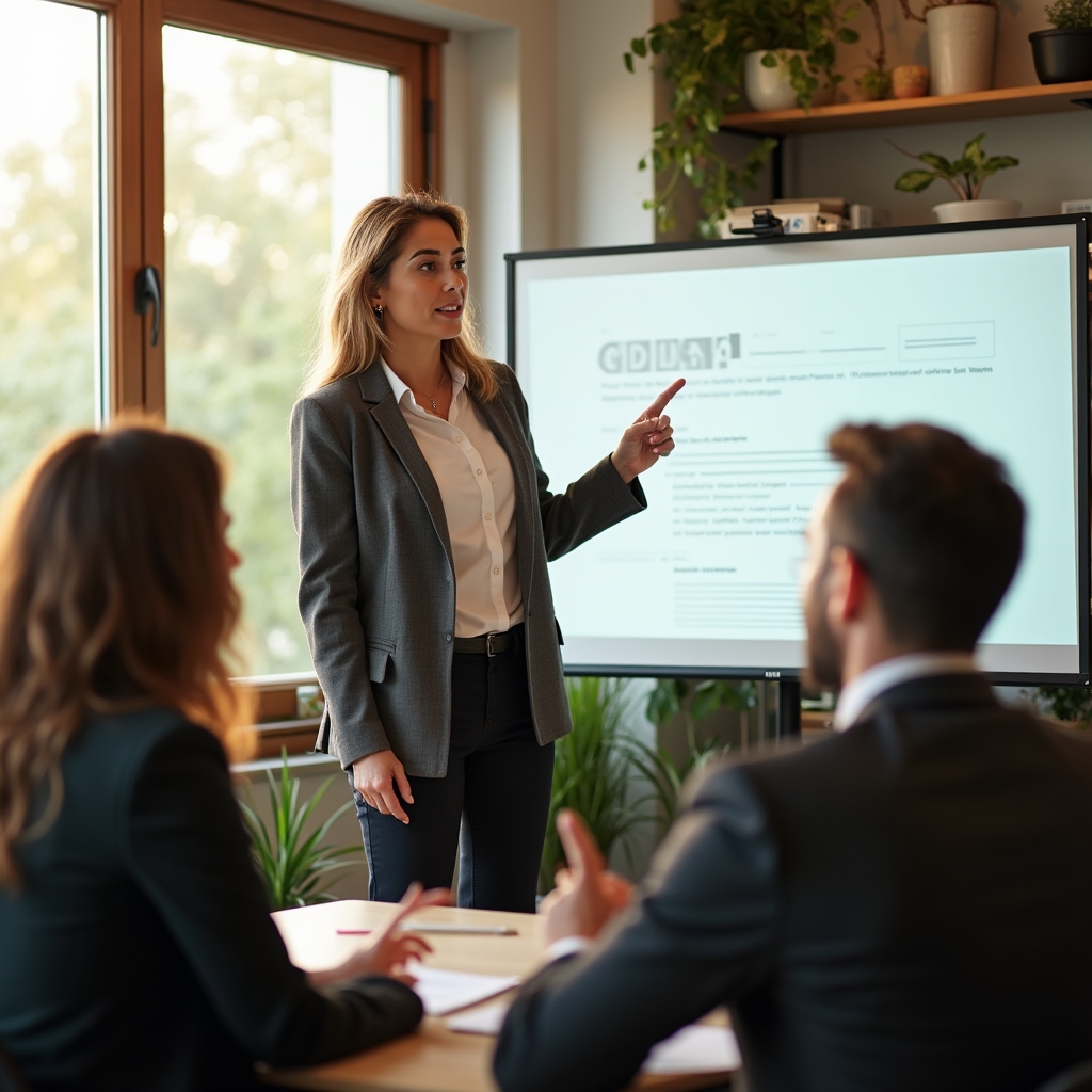 Instructor prezentând o sesiune live despre scriere profesională unui grup mic de participanți